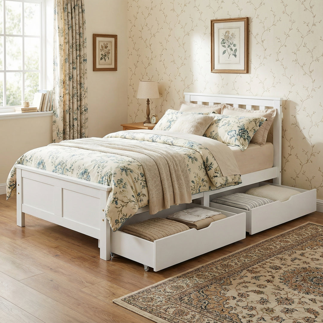 White wooden single bed with 2 drawers (90×190cm) FOOTPRINT