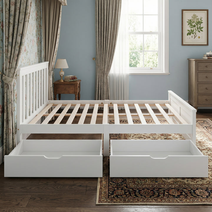 White wooden single bed with 2 drawers (90×190cm) FOOTPRINT