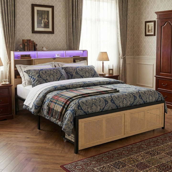 Wooden double bed with headboard storage, rattan drawer and LED lighting (135×190cm) HYDATHOD