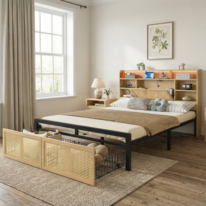 Wooden double bed with headboard storage, rattan drawer and LED lighting (135×190cm) HYDATHOD