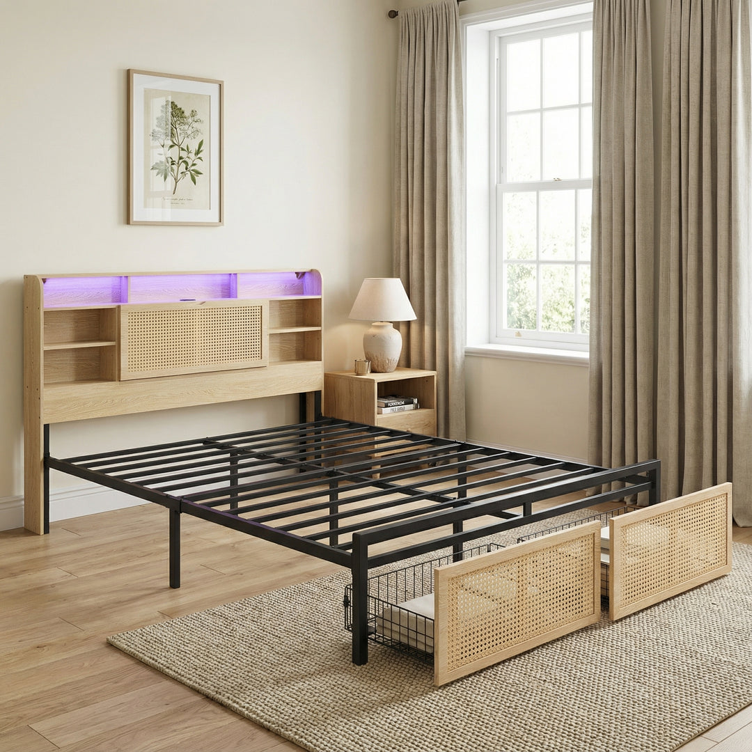 Wooden double bed with headboard storage, rattan drawer and LED lighting (135×190cm) HYDATHOD