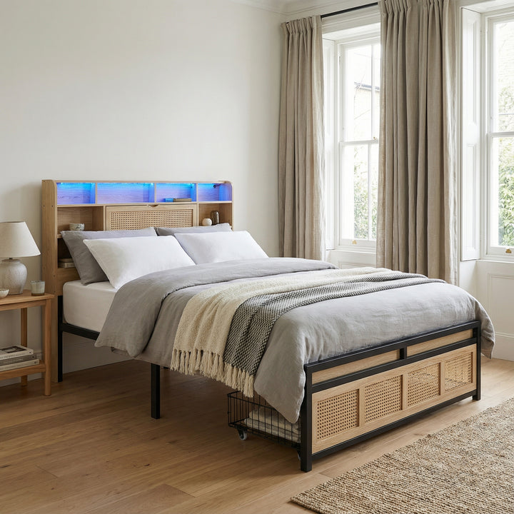 Wooden double bed with headboard storage, rattan drawer and LED lighting (135×190cm) HYDATHOD