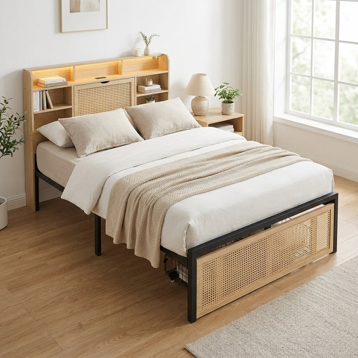 Wooden single bed with headboard storage, rattan drawer and LED lighting (90×190cm) GALLAPHID
