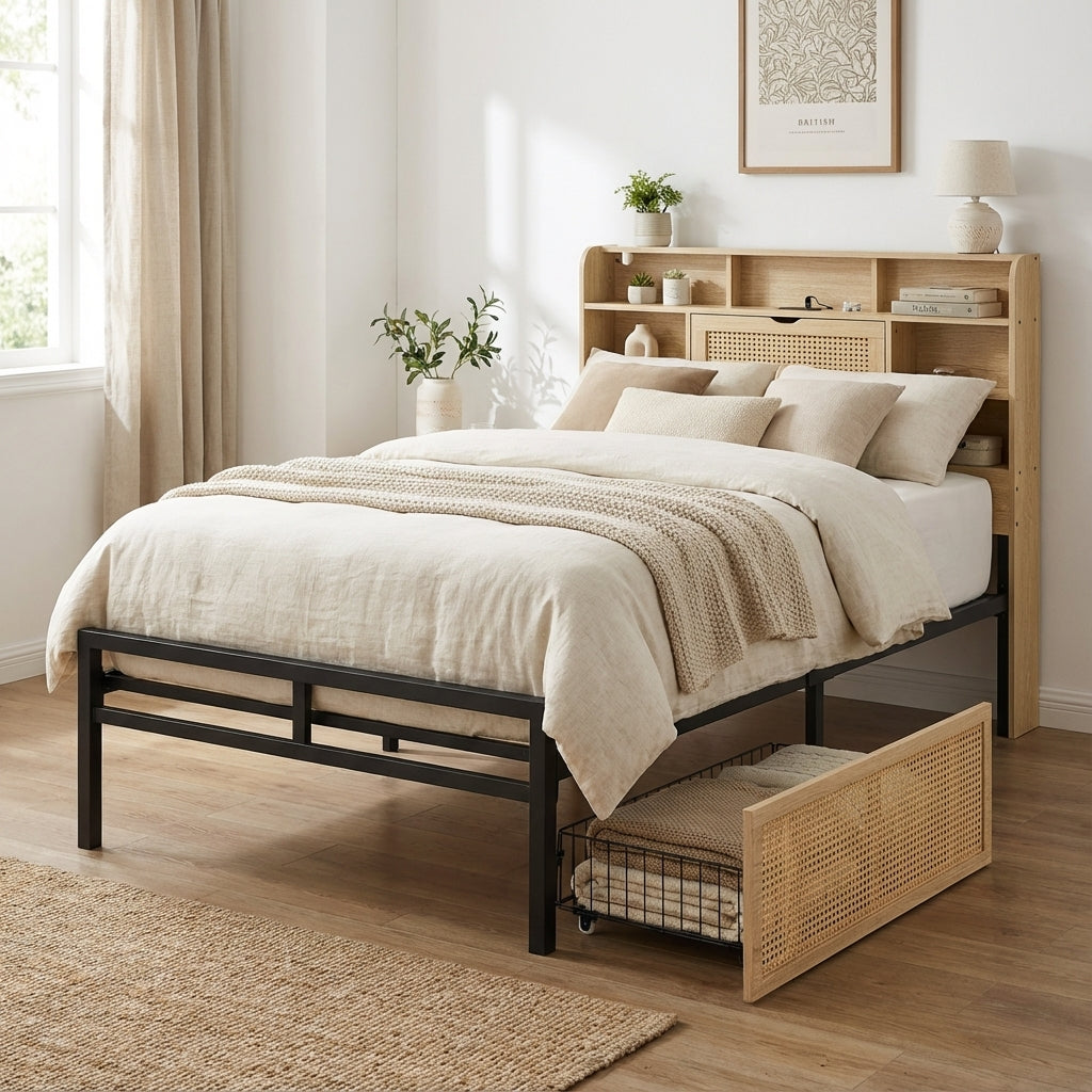 Wooden single bed with headboard storage, rattan drawer and LED lighting (90×190cm) GALLAPHID