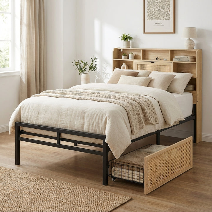 Wooden single bed with headboard storage, rattan drawer and LED lighting (90×190cm) GALLAPHID