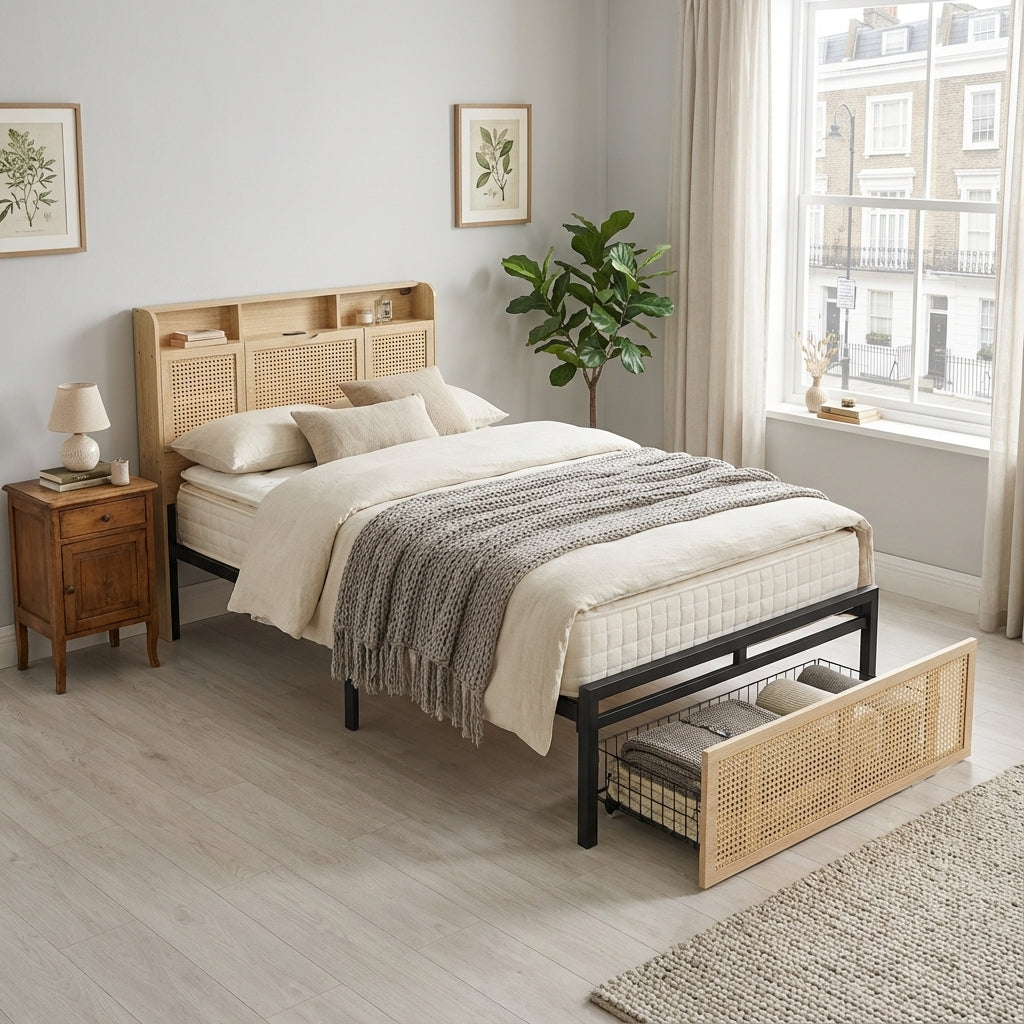 Wooden single bed with headboard storage, rattan drawer and LED lighting (90×190cm) GALLAPHID