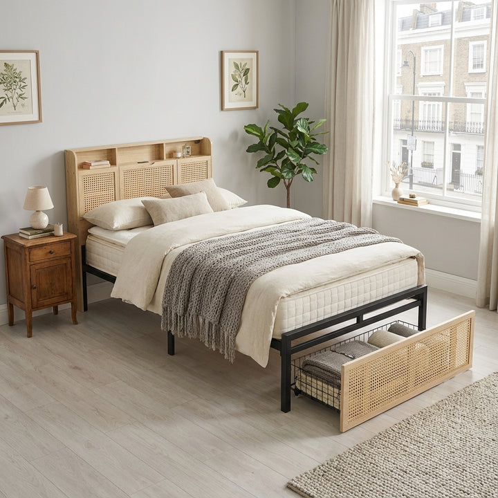 Wooden single bed with headboard storage, rattan drawer and LED lighting (90×190cm) GALLAPHID