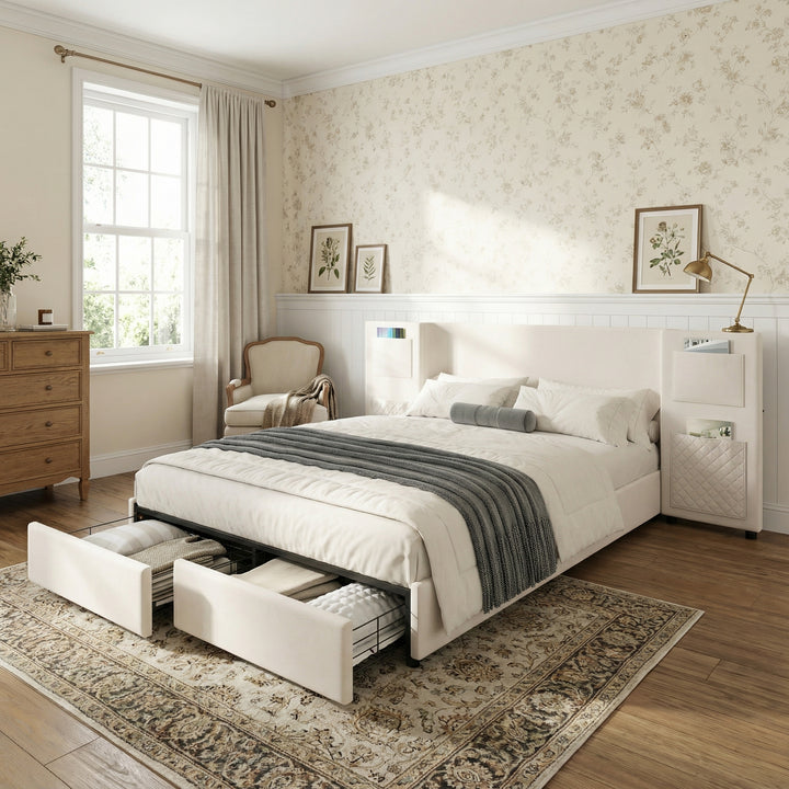 Beige velvet upholstered double bed (135×190cm) 2 drawers and storage pockets PORE