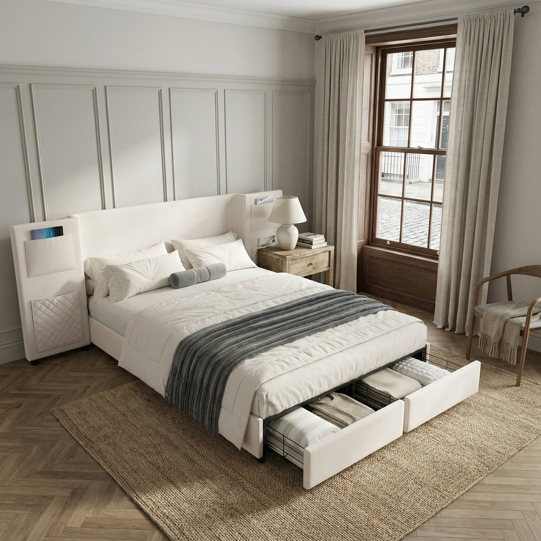 Beige velvet upholstered double bed (135×190cm) 2 drawers and storage pockets PORE