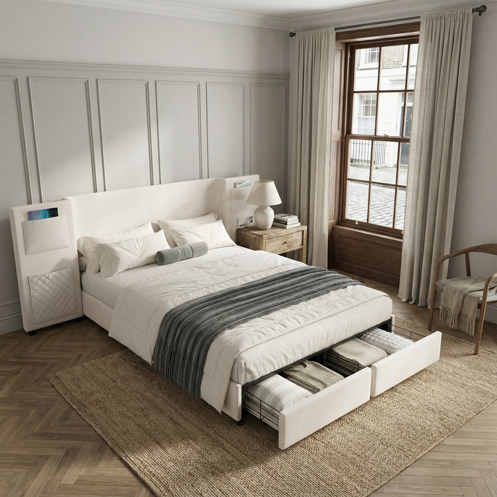 Beige velvet upholstered double bed (135×190cm) 2 drawers and storage pockets PORE