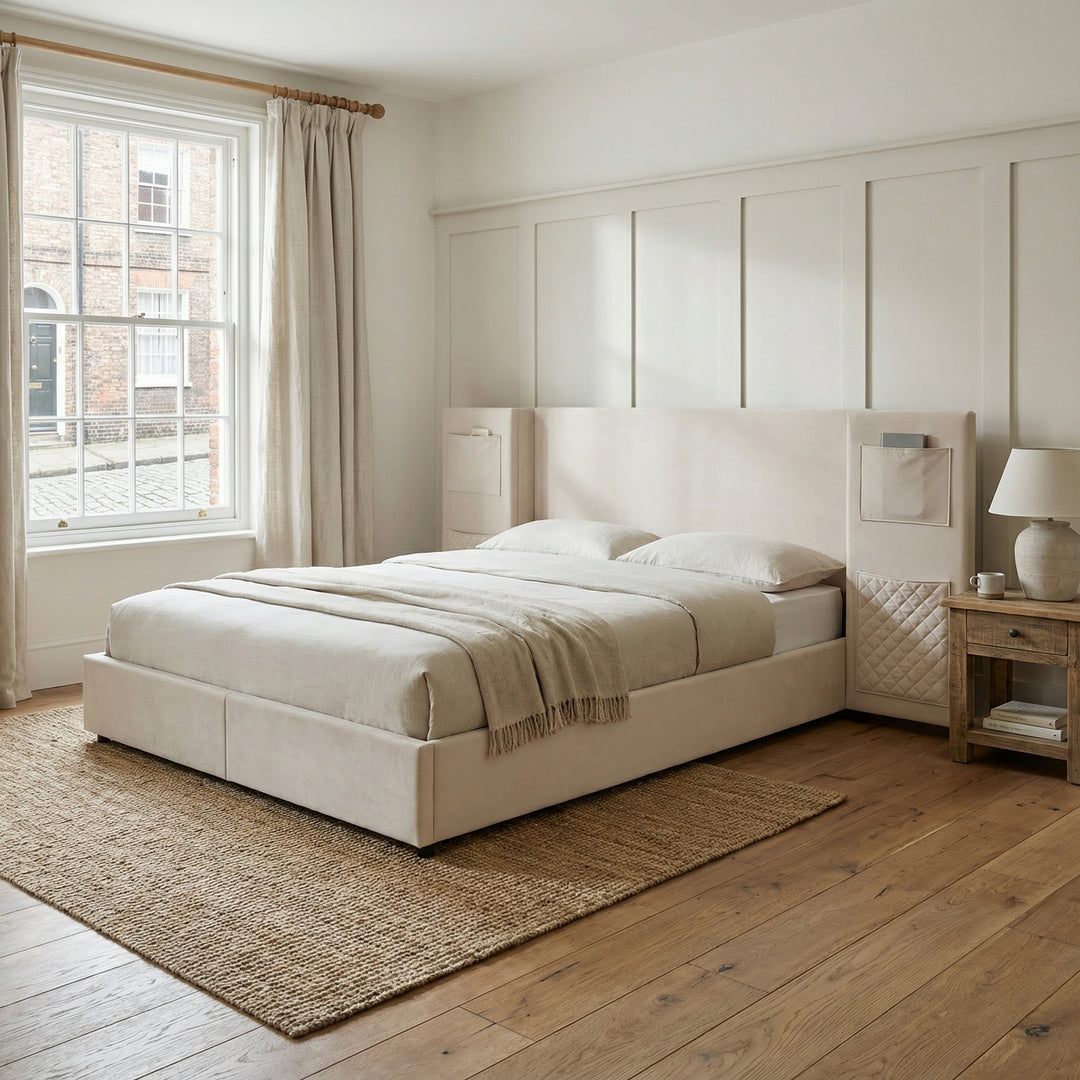 Beige velvet upholstered double bed (135×190cm) 2 drawers and storage pockets PORE