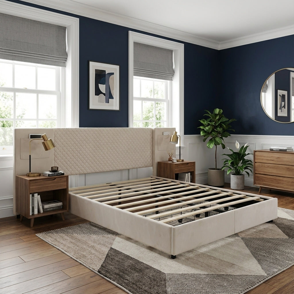 Beige velvet upholstered double bed (135×190cm) 2 drawers and storage pockets PORE