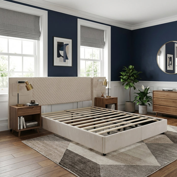 Beige velvet upholstered double bed (135×190cm) 2 drawers and storage pockets PORE