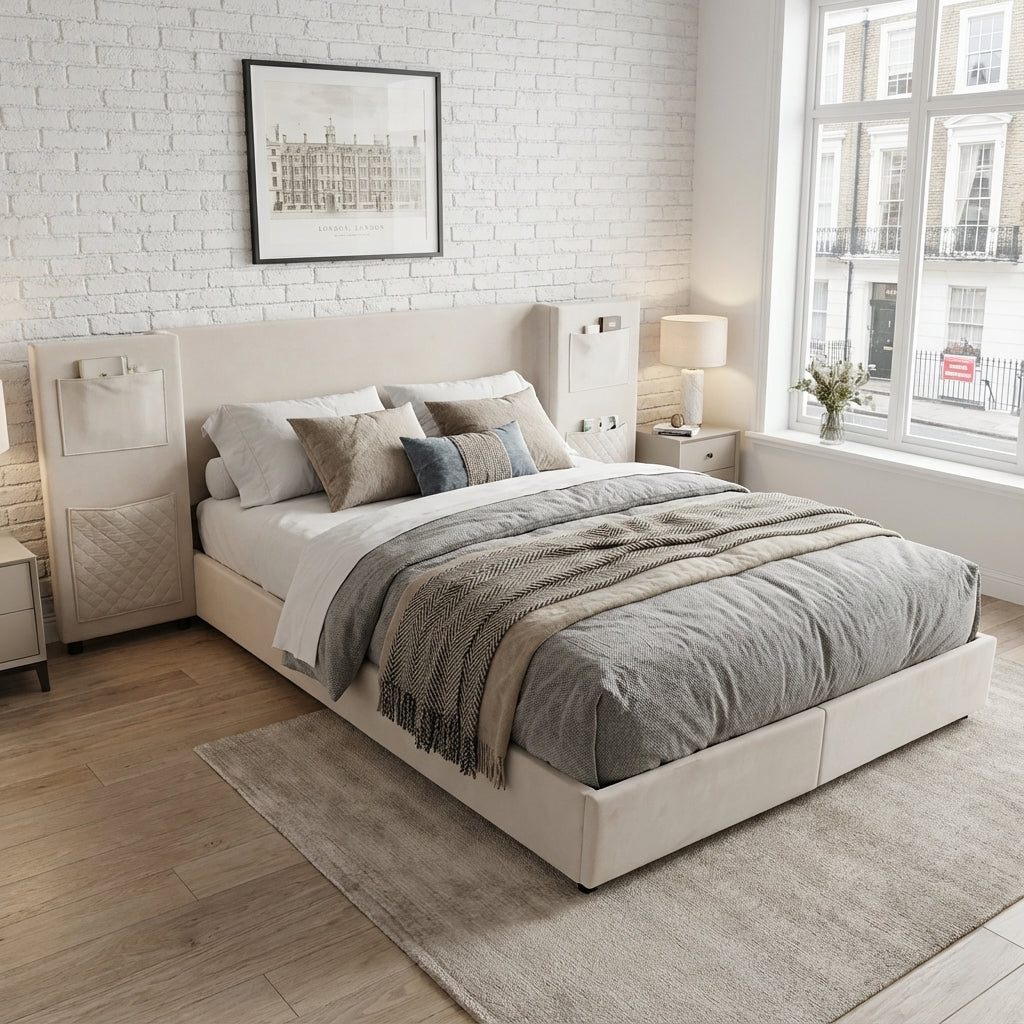 Beige velvet upholstered double bed (135×190cm) 2 drawers and storage pockets PORE