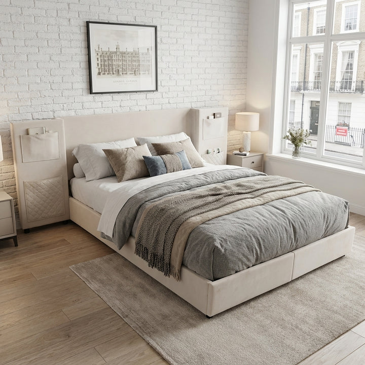 Beige velvet upholstered double bed (135×190cm) 2 drawers and storage pockets PORE