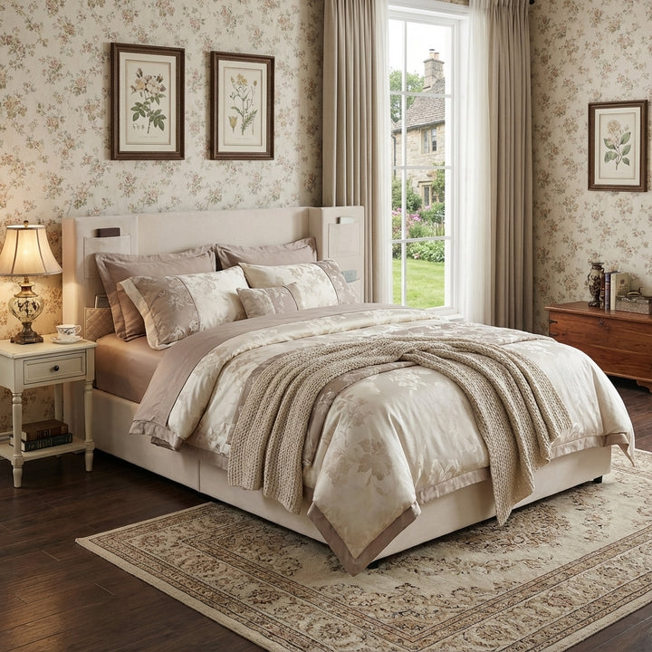 Beige velvet upholstered double bed (135×190cm) 2 drawers and storage pockets PORE