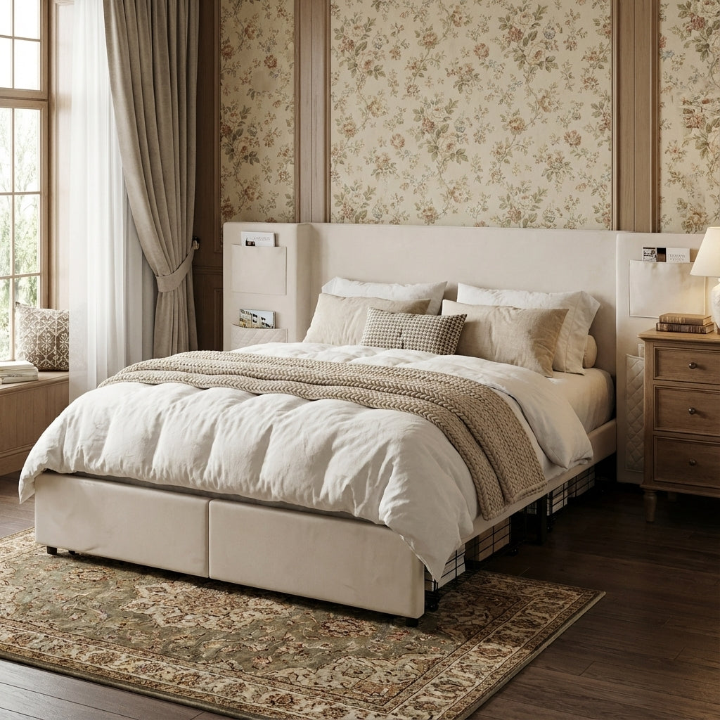 Beige velvet upholstered double bed (135×190cm) 2 drawers and storage pockets PORE