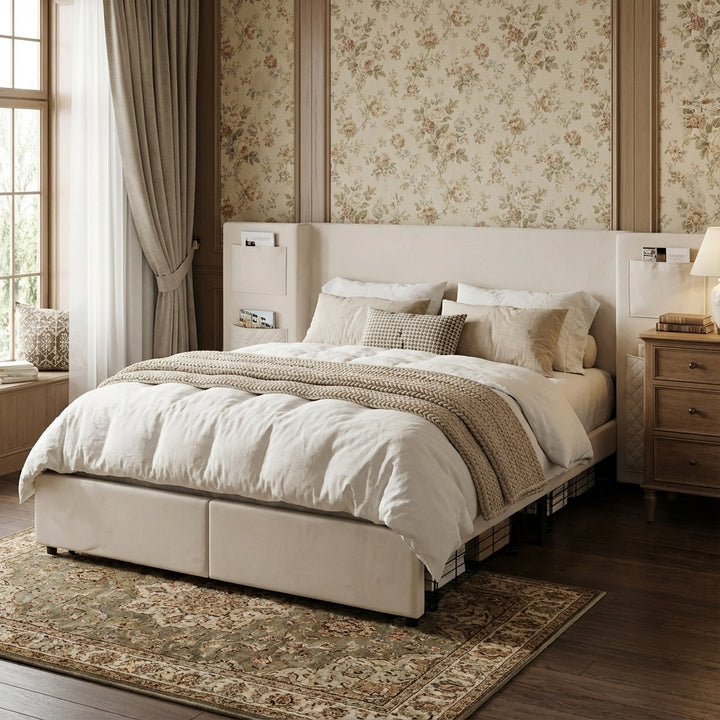 Beige velvet upholstered double bed (135×190cm) 2 drawers and storage pockets PORE