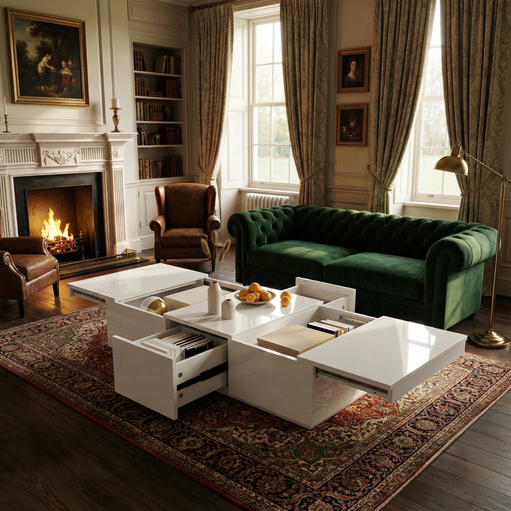 White rectangular coffee table high gloss with push pull double sided drawers SPECIES