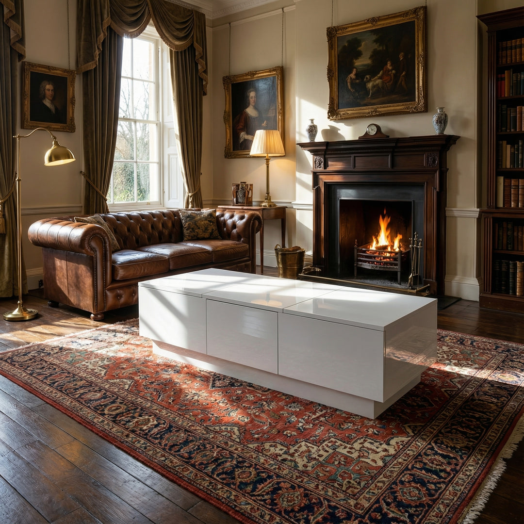 White rectangular coffee table high gloss with push pull double sided drawers SPECIES