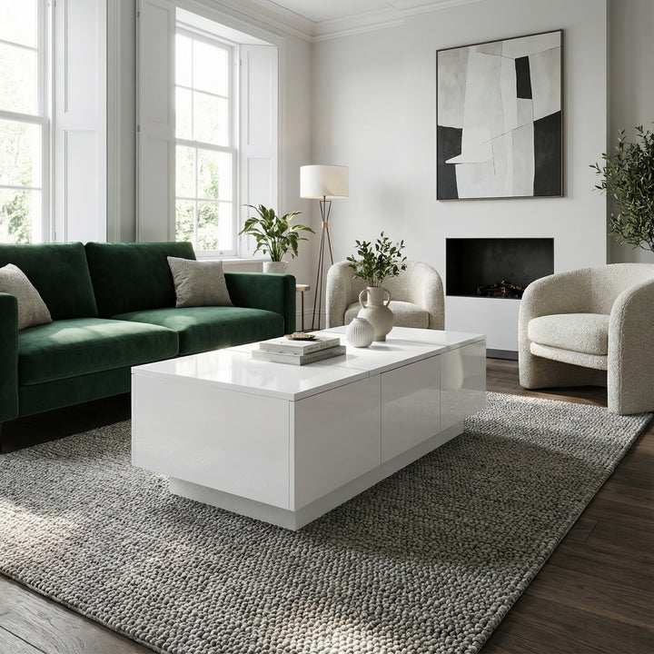 White rectangular coffee table high gloss with push pull double sided drawers SPECIES