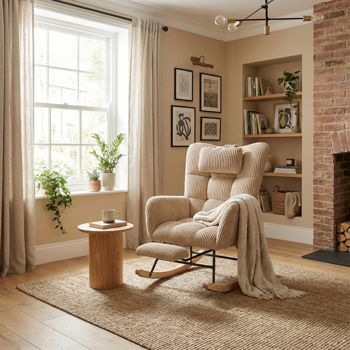 Beige corduroy rocking chair with adjustable footrest OBSIDIANCORE
