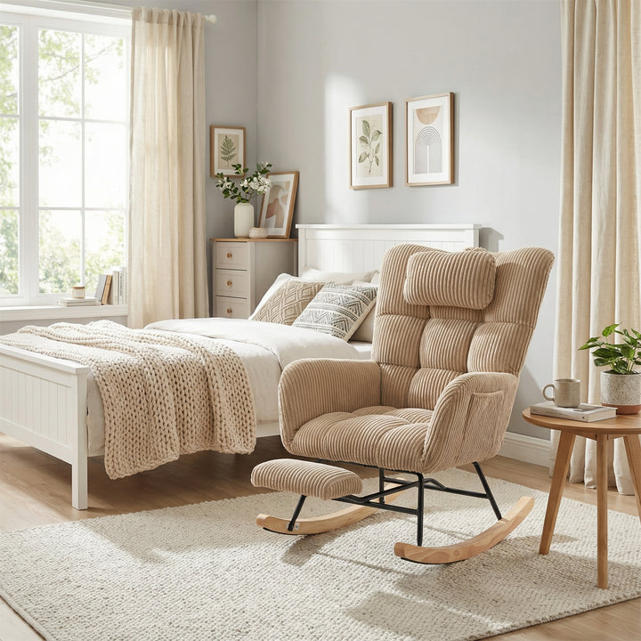Beige corduroy rocking chair with adjustable footrest OBSIDIANCORE
