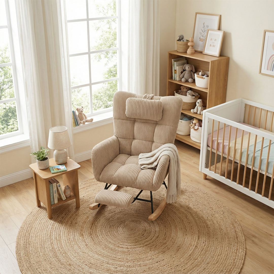 Beige corduroy rocking chair with adjustable footrest OBSIDIANCORE