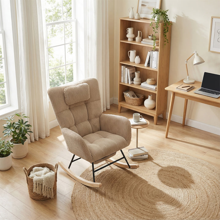 Beige corduroy rocking chair with adjustable footrest OBSIDIANCORE