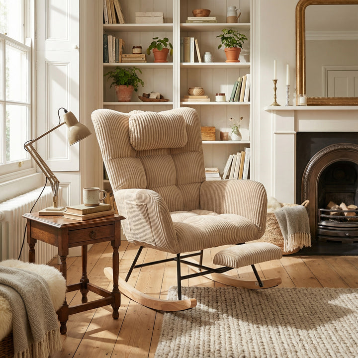Beige corduroy rocking chair with adjustable footrest OBSIDIANCORE