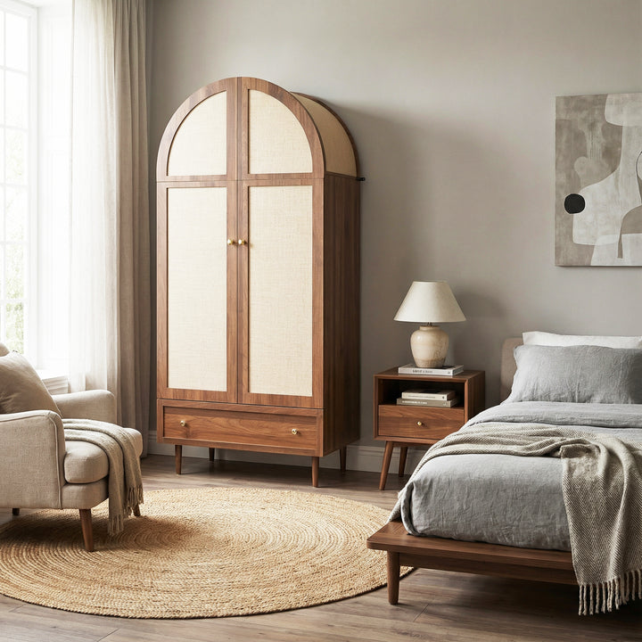 Vintage wardrobe with beige fabric doors, drawer & wooden legs ESTUARYCAY