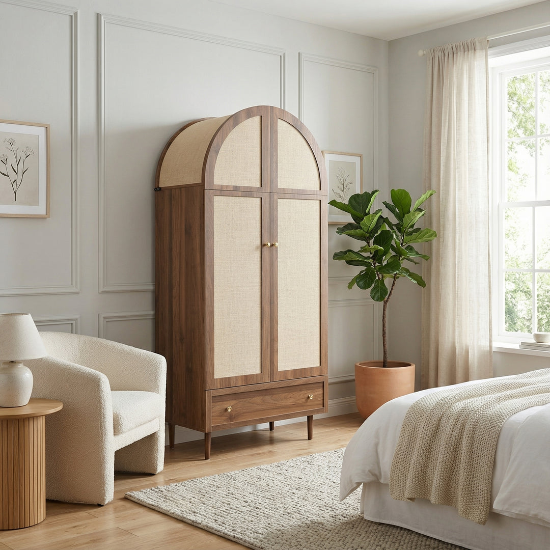 Vintage wardrobe with beige fabric doors, drawer & wooden legs ESTUARYCAY