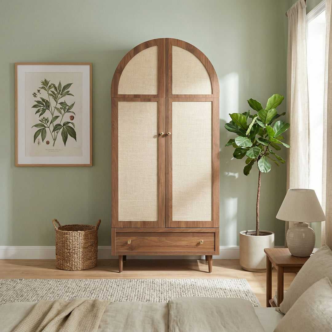 Vintage wardrobe with beige fabric doors, drawer & wooden legs ESTUARYCAY