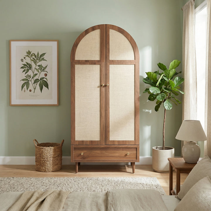 Vintage wardrobe with beige fabric doors, drawer & wooden legs ESTUARYCAY
