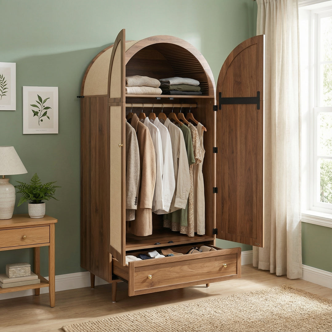 Vintage wardrobe with beige fabric doors, drawer & wooden legs ESTUARYCAY