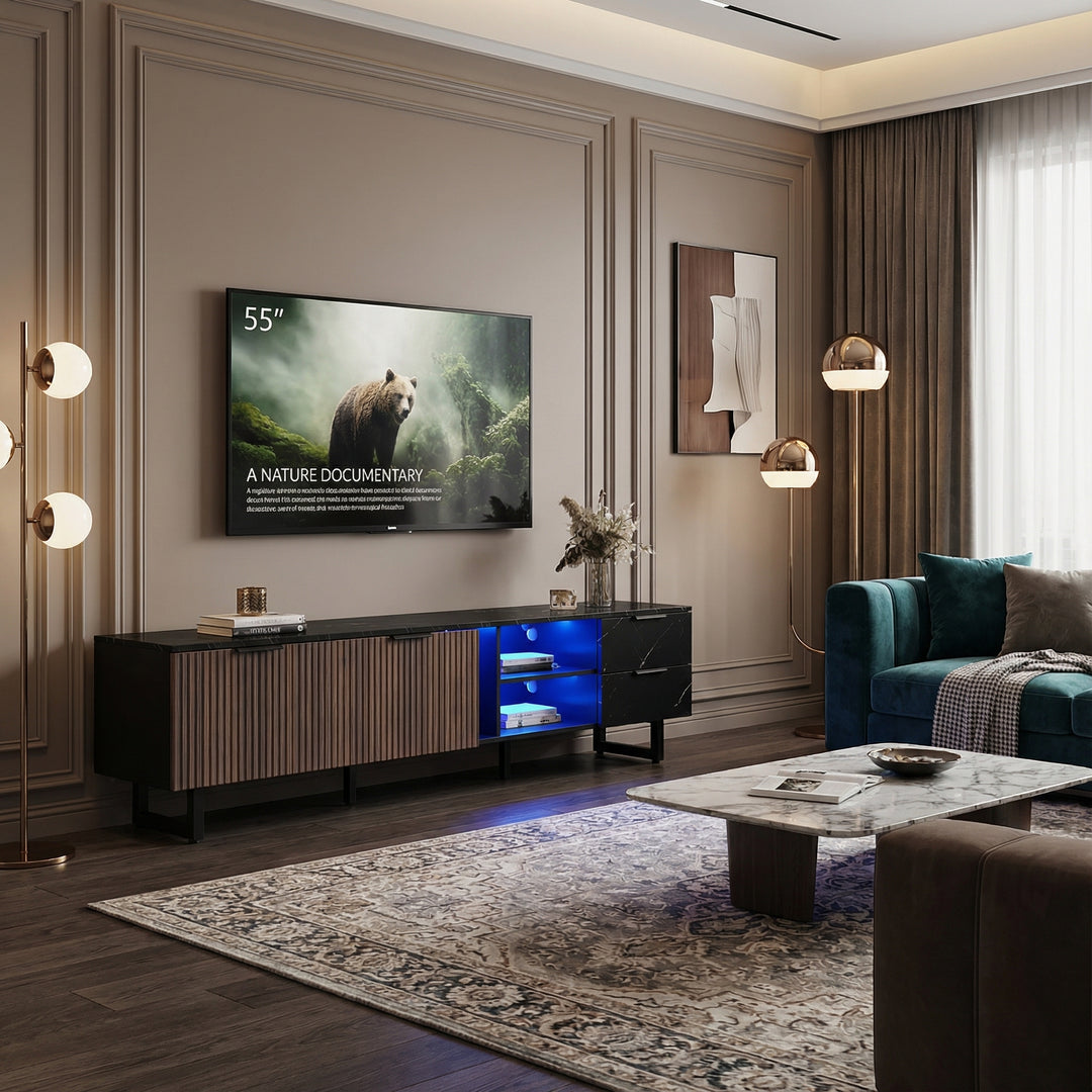 Vintage TV stand with black marble look & LED lighting MIRAGEOOZE