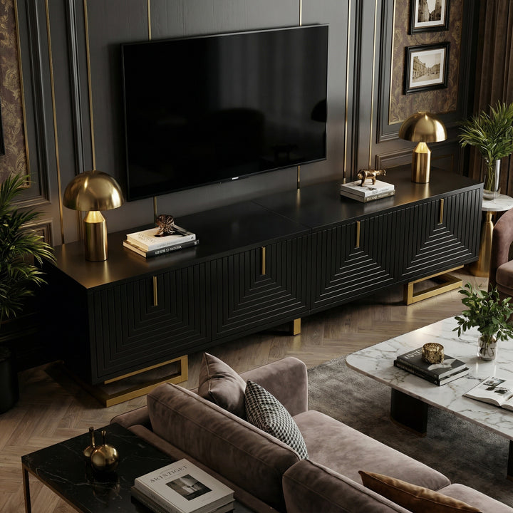 Modern TV stand with textured doors and golden accents SINGULARITYHUB