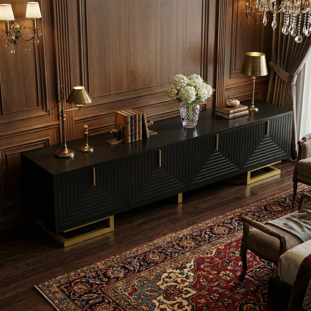 Modern TV stand with textured doors and golden accents SINGULARITYHUB