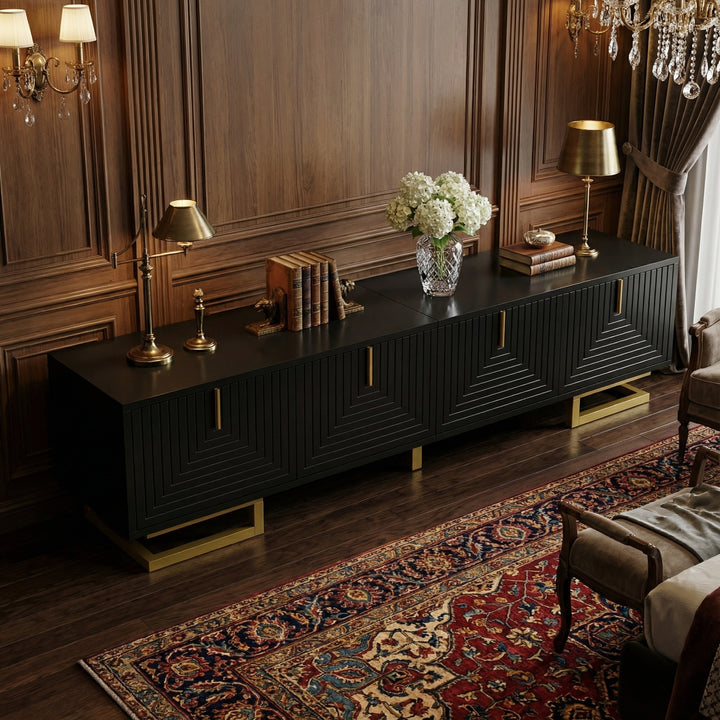 Modern TV stand with textured doors and golden accents SINGULARITYHUB