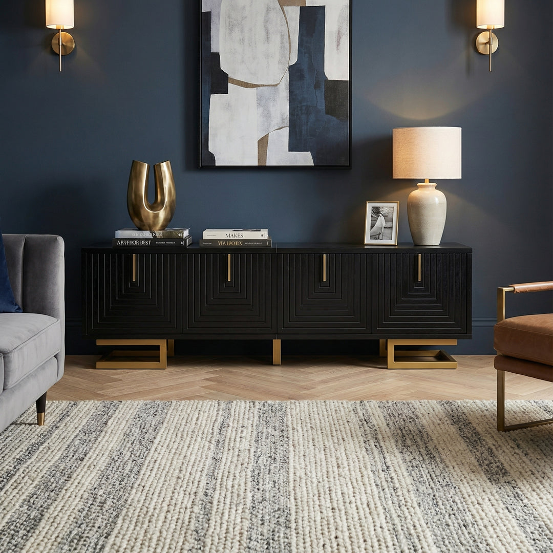Modern TV stand with textured doors and golden accents SINGULARITYHUB