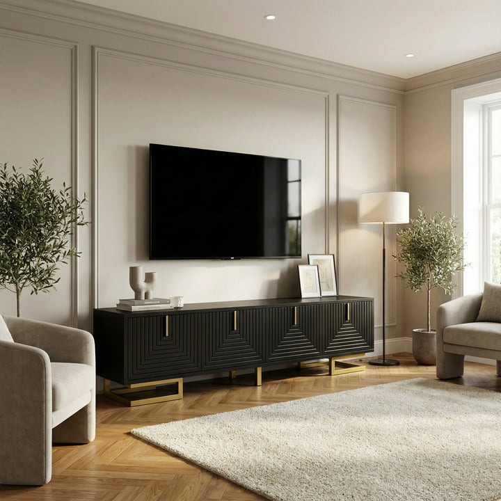 Modern TV stand with textured doors and golden accents SINGULARITYHUB