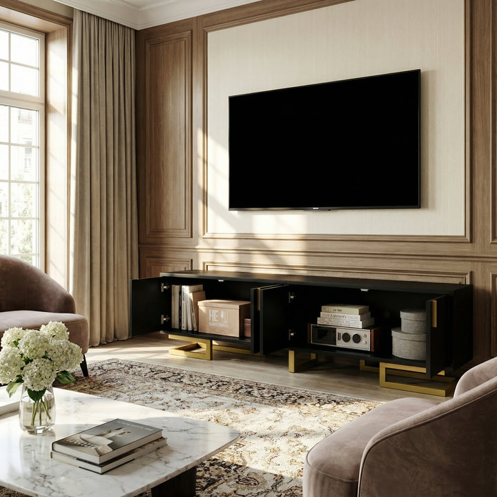 Modern TV stand with textured doors and golden accents SINGULARITYHUB