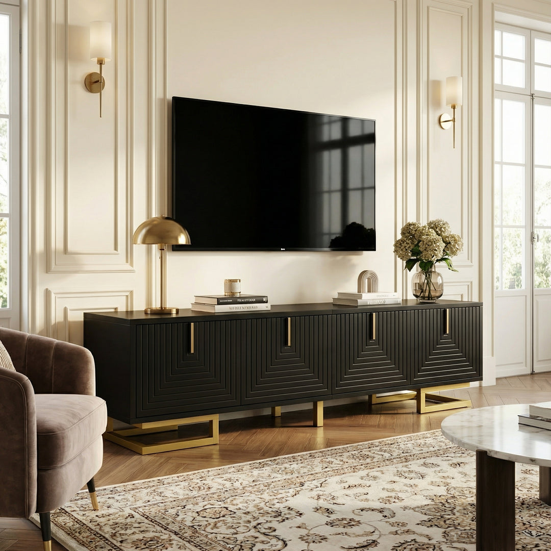 Modern TV stand with textured doors and golden accents SINGULARITYHUB