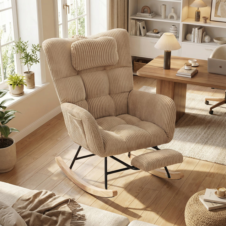 Beige corduroy rocking chair with adjustable footrest OBSIDIANCORE