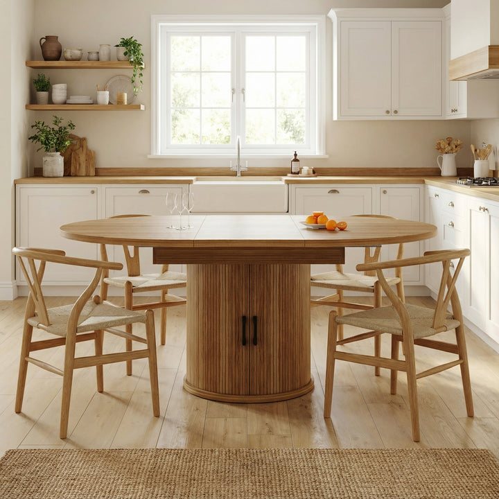Extendable oval dining table 118-158cm with storage base FERNFROTH