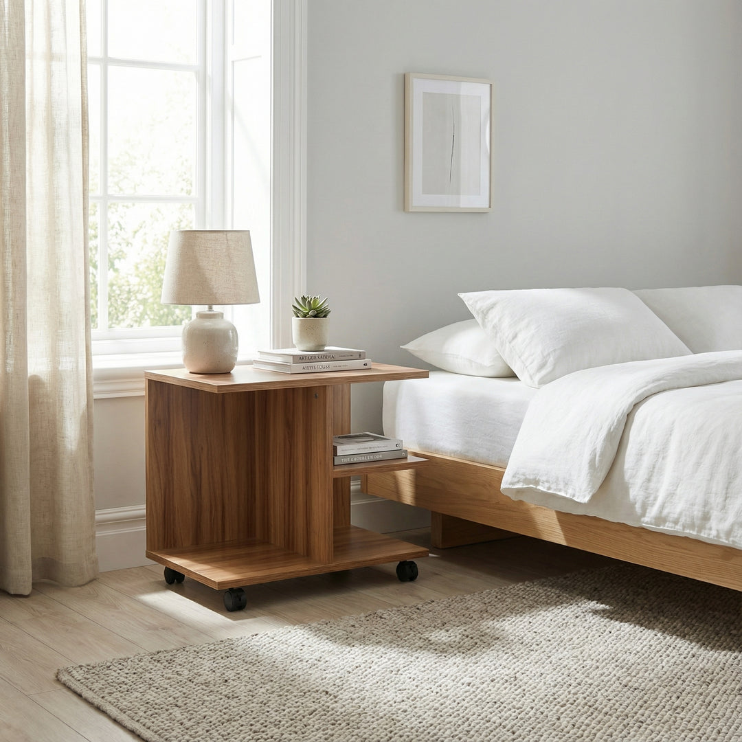 Mobile side table with open shelving and castor wheels WENDY WALNUT