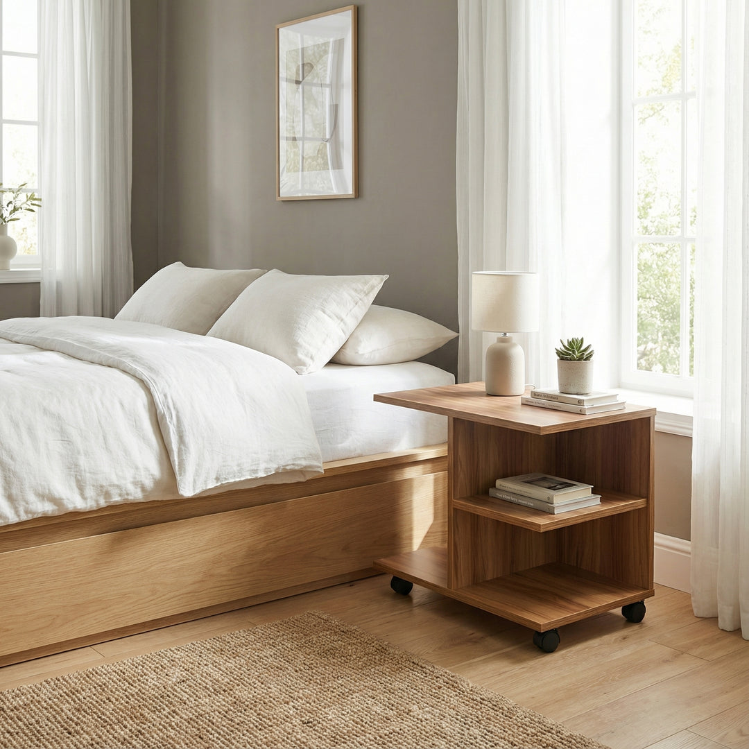 Mobile side table with open shelving and castor wheels WENDY WALNUT