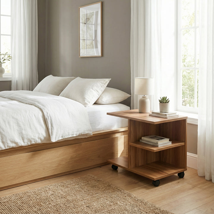 Mobile side table with open shelving and castor wheels WENDY WALNUT