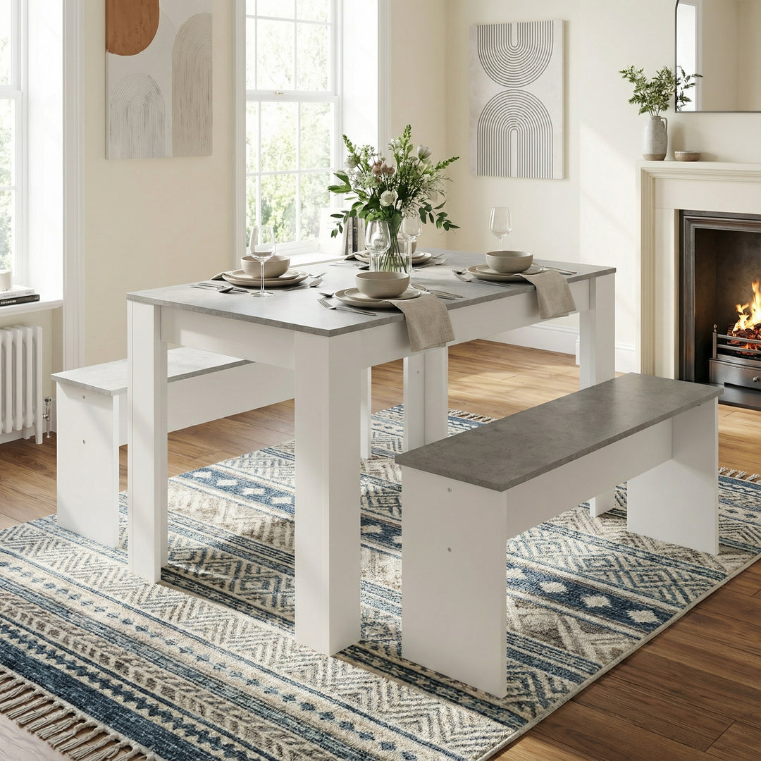 White & grey marble look dining table set with 2 benches NODFACTOR