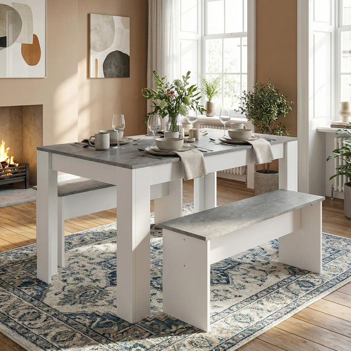 White & grey marble look dining table set with 2 benches NODFACTOR